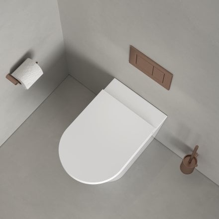 Faro Polished White Back To Wall Rimless Toilet with Concealed Cistern and Brushed Copper Flush Plate