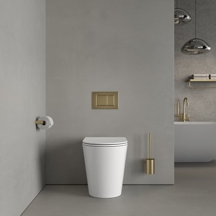 Faro Polished White Back To Wall Rimless Toilet with Concealed Cistern and Brushed Gold Flush Plate