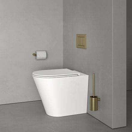 Faro Polished White Back To Wall Rimless Toilet with Concealed Cistern and Brushed Gold Flush Plate