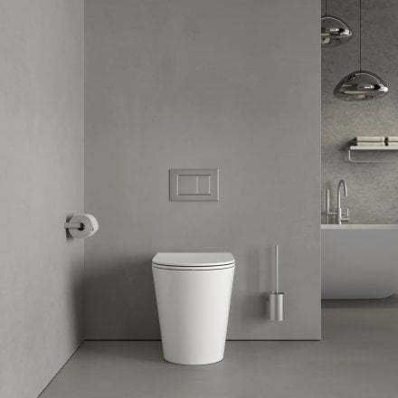 Faro Polished White Back To Wall Rimless Toilet with Concealed Cistern and Brushed Stainless Flush Plate
