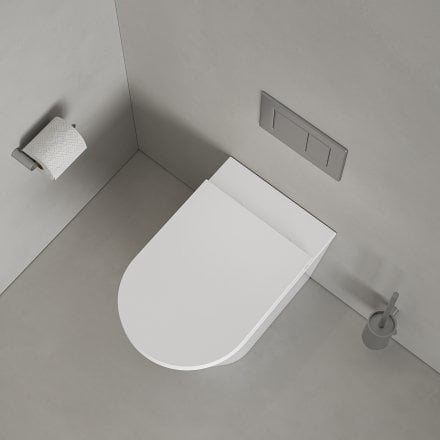Faro Polished White Back To Wall Rimless Toilet with Concealed Cistern and Brushed Stainless Flush Plate