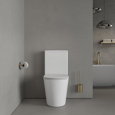 Faro Polished White Close Coupled Toilet with Brushed Gold Push Button Flush