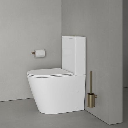 Faro Polished White Close Coupled Toilet with Brushed Gold Push Button Flush