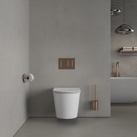 Faro Polished White Wall Hung Rimless Toilet with Concealed Frame Cistern and Brushed Copper Flush Plate