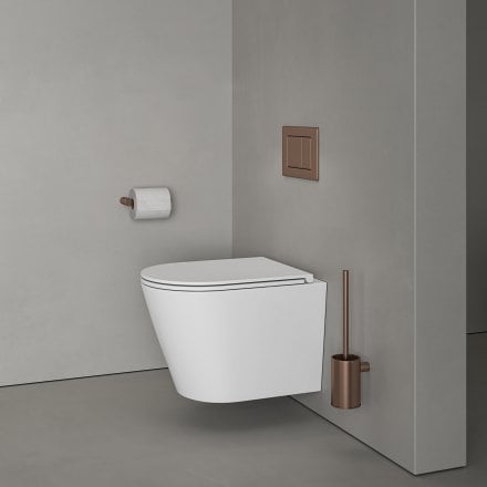 Faro Polished White Wall Hung Rimless Toilet with Concealed Frame Cistern and Brushed Copper Flush Plate