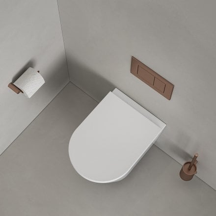 Faro Polished White Wall Hung Rimless Toilet with Concealed Frame Cistern and Brushed Copper Flush Plate