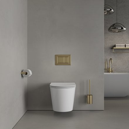Faro Polished White Wall Hung Rimless Toilet with Concealed Frame Cistern and Brushed Gold Flush Plate
