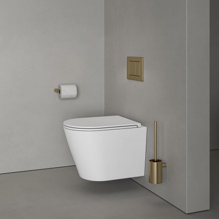 Faro Polished White Wall Hung Rimless Toilet with Concealed Frame Cistern and Brushed Gold Flush Plate