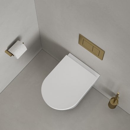 Faro Polished White Wall Hung Rimless Toilet with Concealed Frame Cistern and Brushed Gold Flush Plate