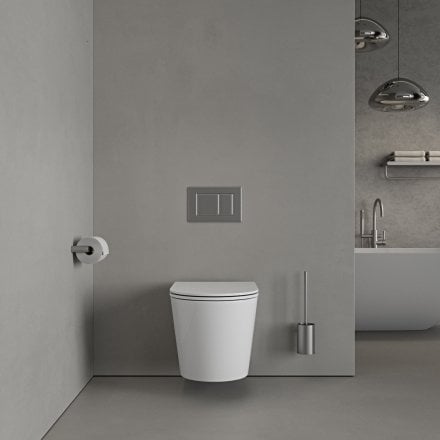 Faro Polished White Wall Hung Rimless Toilet with Concealed Frame Cistern and Brushed Stainless Flush Plate