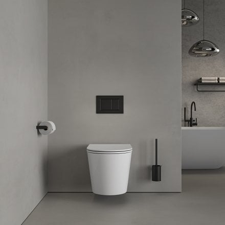 Faro Polished White Wall Hung Rimless Toilet with Concealed Frame Cistern and Matt Black Flush Plate