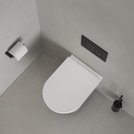 Faro Polished White Wall Hung Rimless Toilet with Concealed Frame Cistern and Matt Black Flush Plate