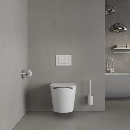 Faro Polished White Wall Hung Rimless Toilet with Concealed Frame Cistern and Matt White Flush Plate