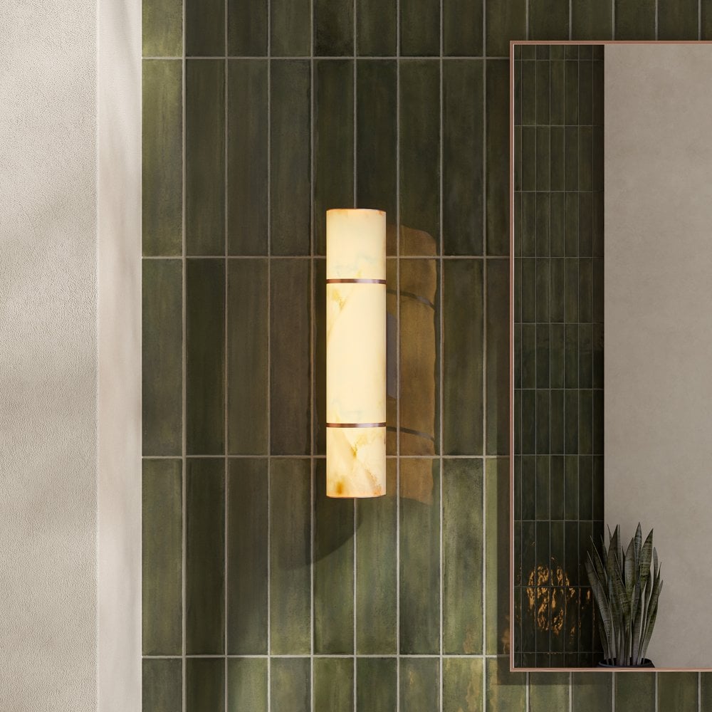 Nova Alabaster Cylinder Brushed Copper Wall Sconce 400mm