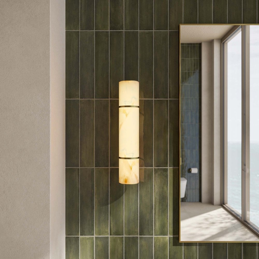 Nova Alabaster Cylinder Brushed Gold Wall Sconce 400mm