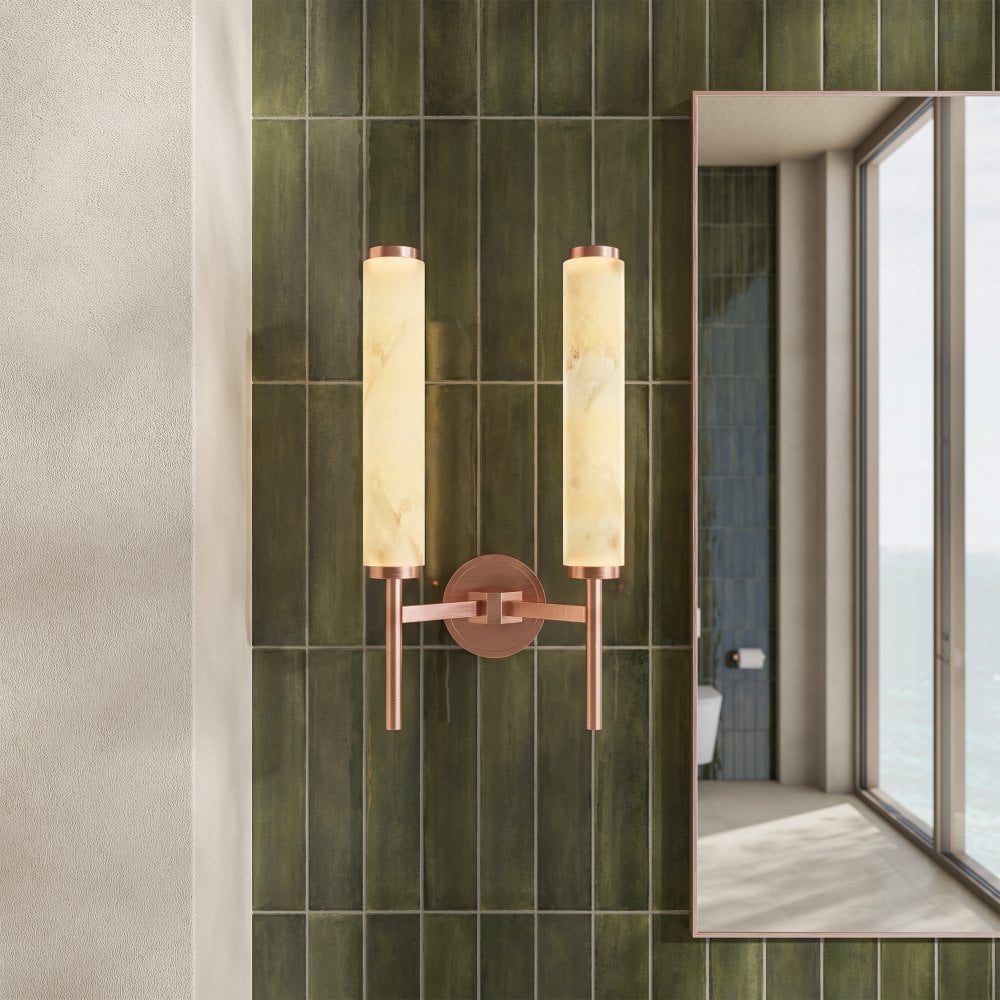 Orlo Alabaster Dual-Column Brushed Copper Wall Sconce 480mm