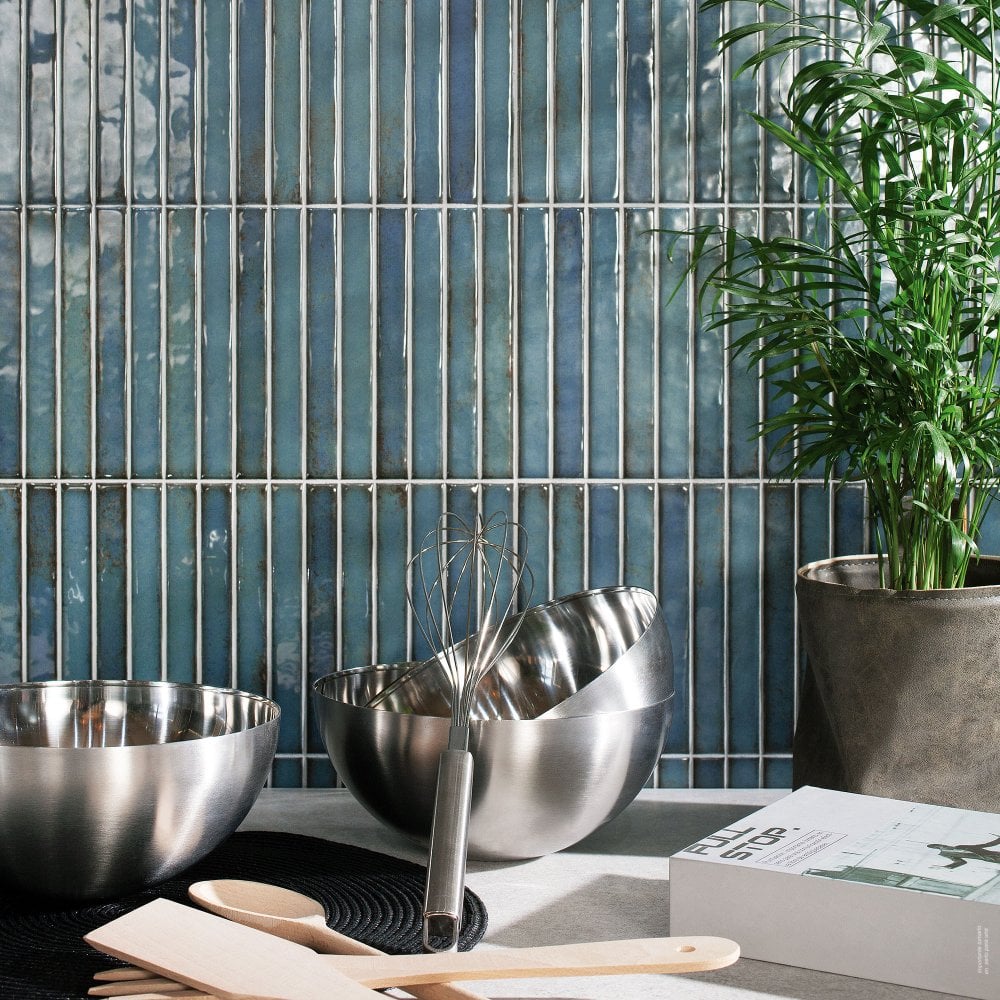 Turquoise Gloss - Elara Smooth Linear Ceramic Wall Tile 350 x 350mm