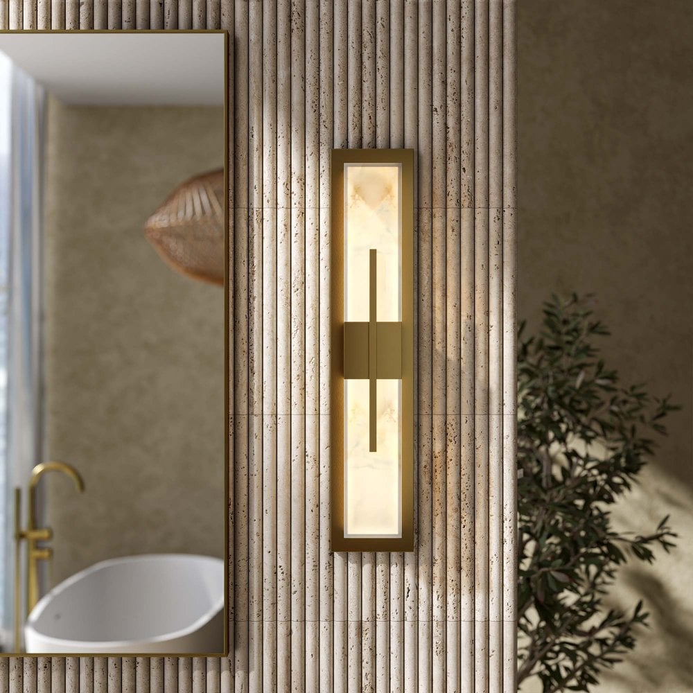 Velora Alabaster Rectangular Mounted Brushed Gold Wall Sconce 580mm