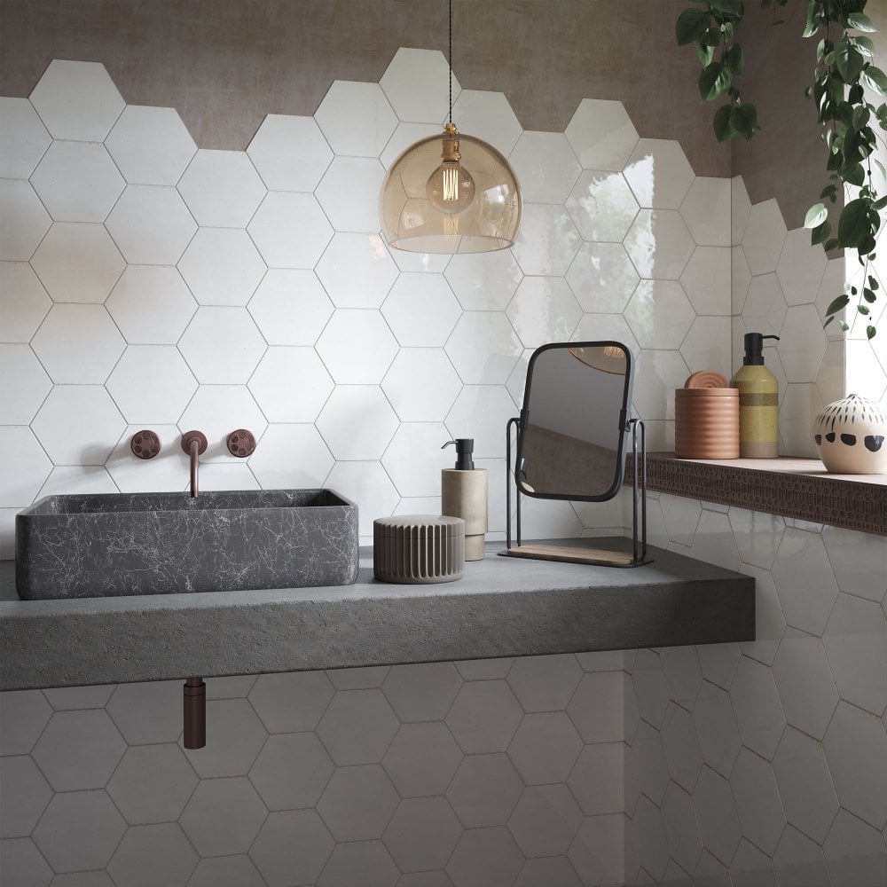 White Gloss - Aura Smooth Hexagon Ceramic Wall Tile 150 x 173mm